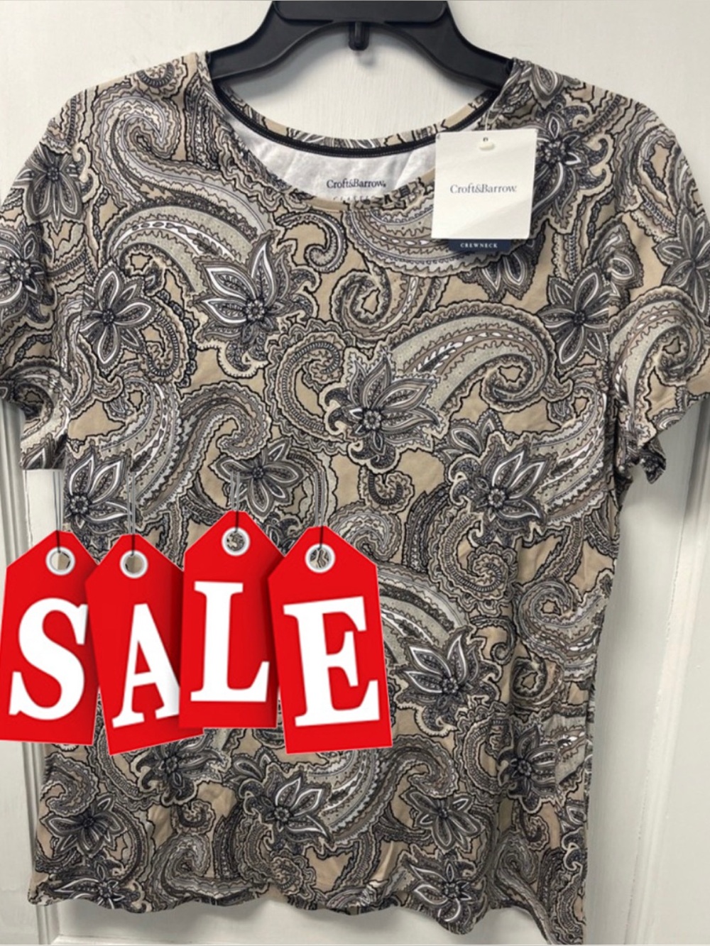 🔥NWT XL Croft & Barrow Paisley Beige Black Short Sleeve Tee